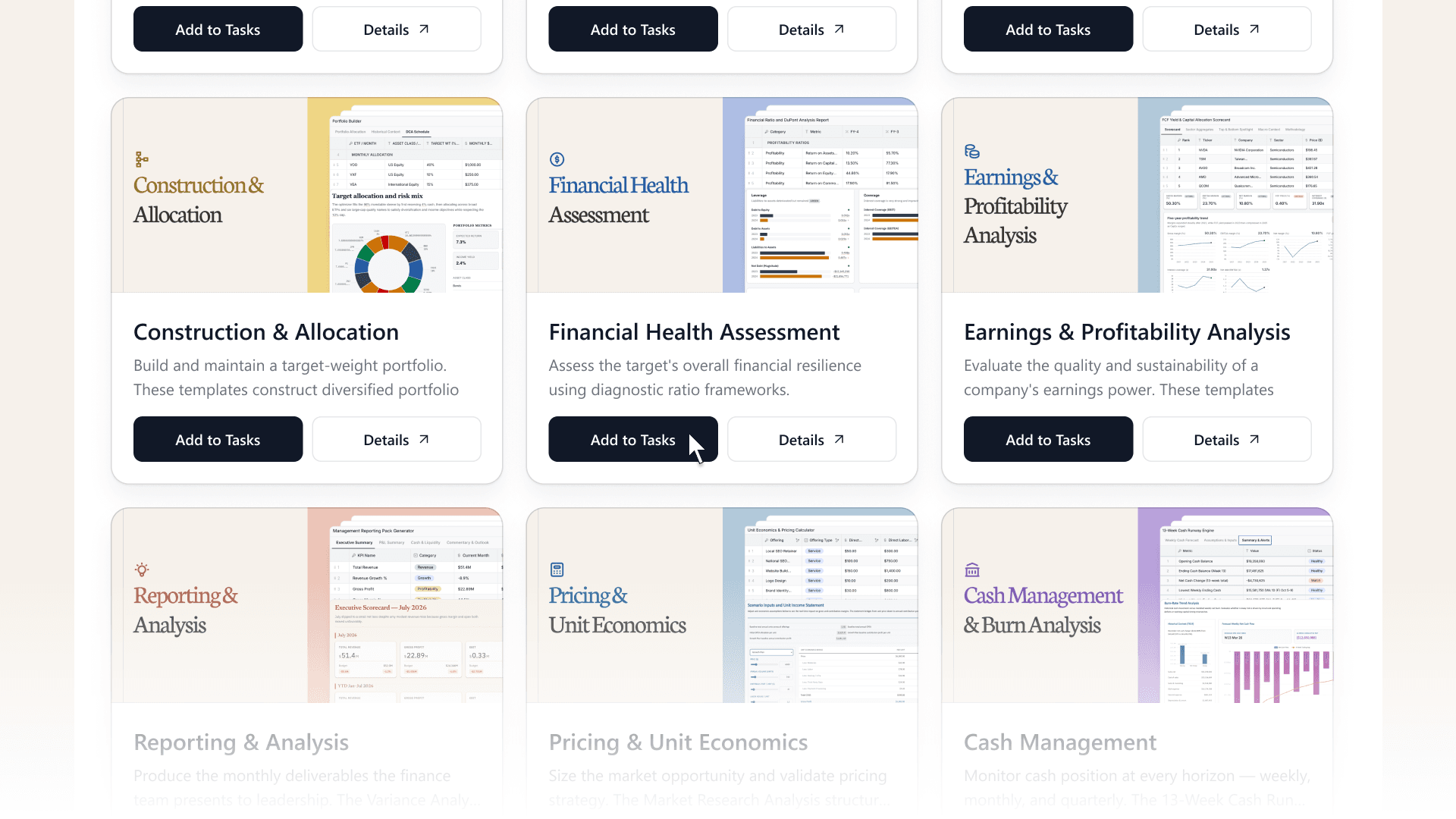 The MacrosLM agent library — a grid of specialized agents including Construction & Allocation, Financial Health Assessment, Earnings & Profitability Analysis, Reporting & Analysis, and Cash Management.