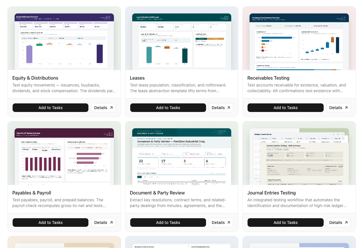 MacrosLM Audit & Accounting agent cards — Equity & Distributions, Leases, Receivables Testing, Payables & Payroll, Document & Party Review, and Journal Entries Testing, each with an 'Add to Tasks' button.