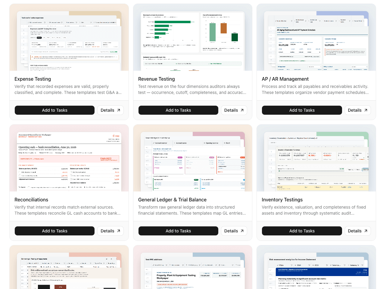 More MacrosLM Audit & Accounting agent cards — Expense Testing, Revenue Testing, AP/AR Management, Reconciliations, General Ledger & Trial Balance, and Inventory Testing.