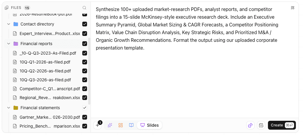 MacrosLM task box with the deck brief written out and the 100+ research files attached alongside it.