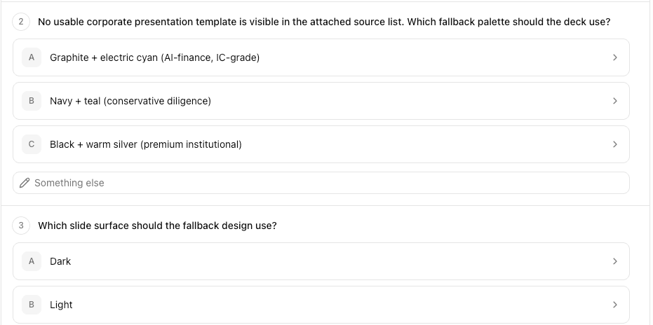 MacrosLM asking the user targeted clarifying questions about scope before generating the deck.