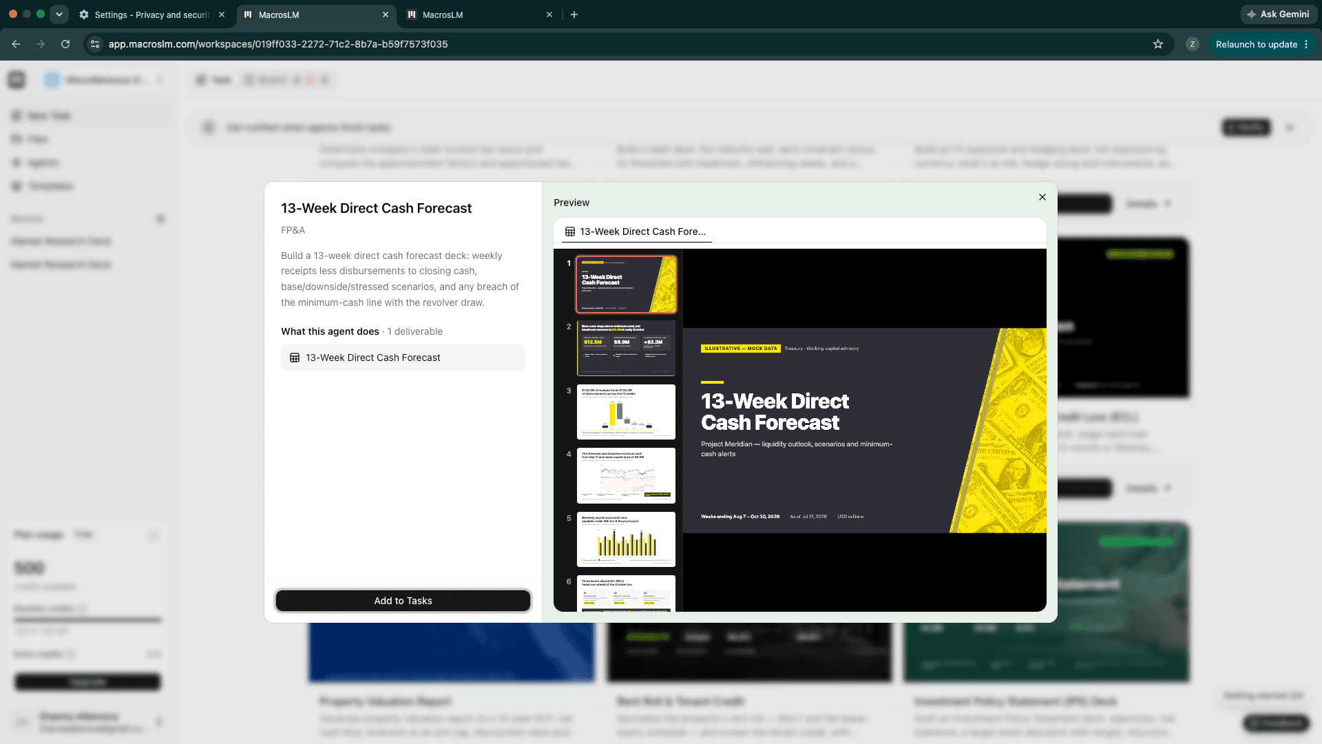 The MacrosLM 13-Week Direct Cash Forecast agent in the library, showing its deliverable and a slide preview.