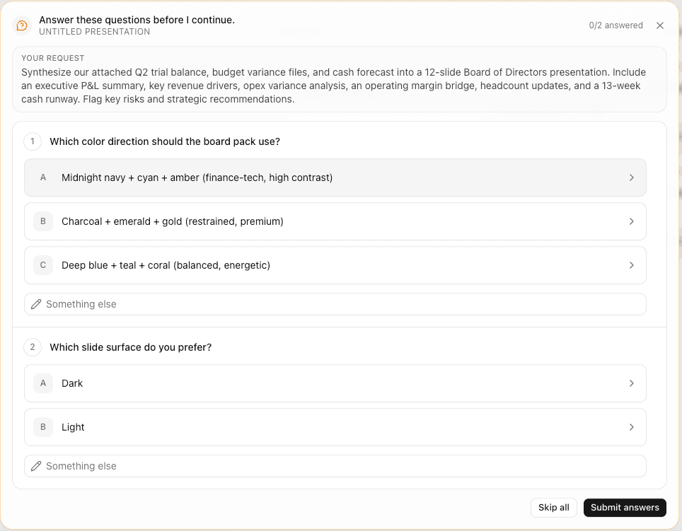 MacrosLM asking a targeted clarifying question about accounting treatment before finalizing the slides.