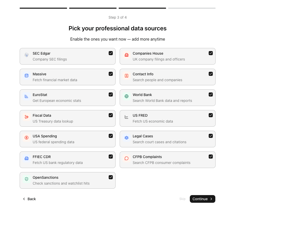 MacrosLM data-source connectors showing SEC EDGAR, FRED, World Bank, and Web Search toggled on.