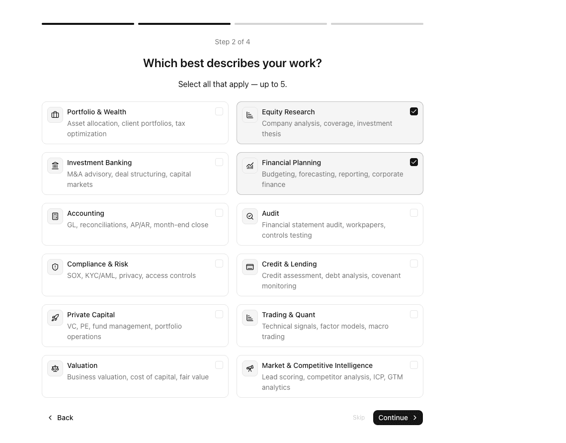 MacrosLM onboarding workspace selector for choosing the domains you work in.