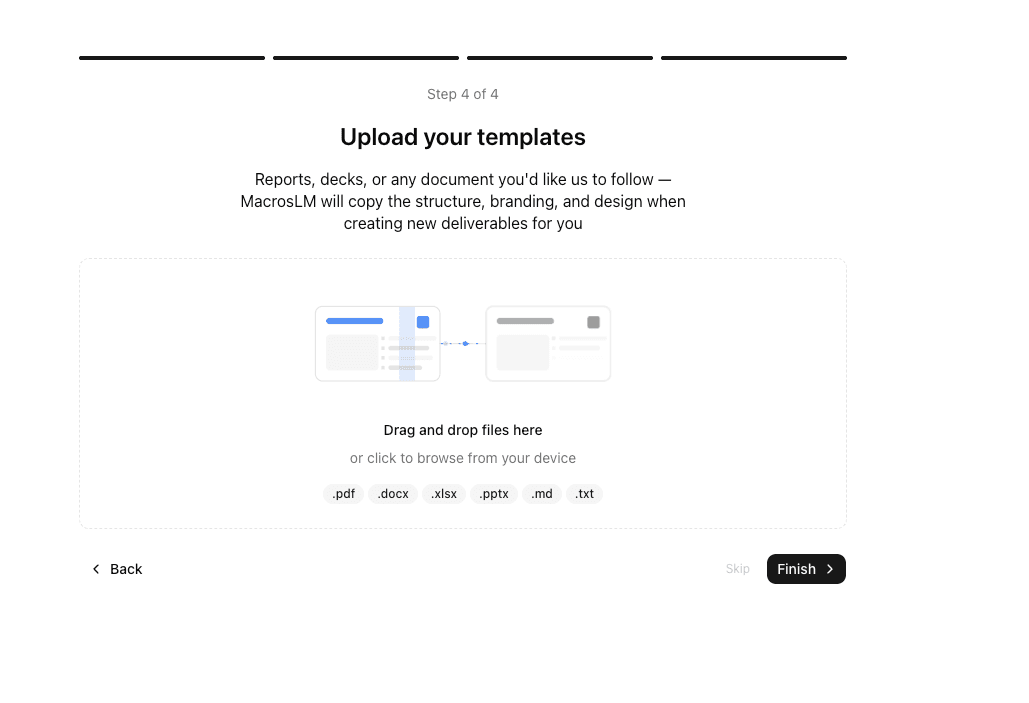 MacrosLM onboarding step for uploading a firm PowerPoint template via drag-and-drop.