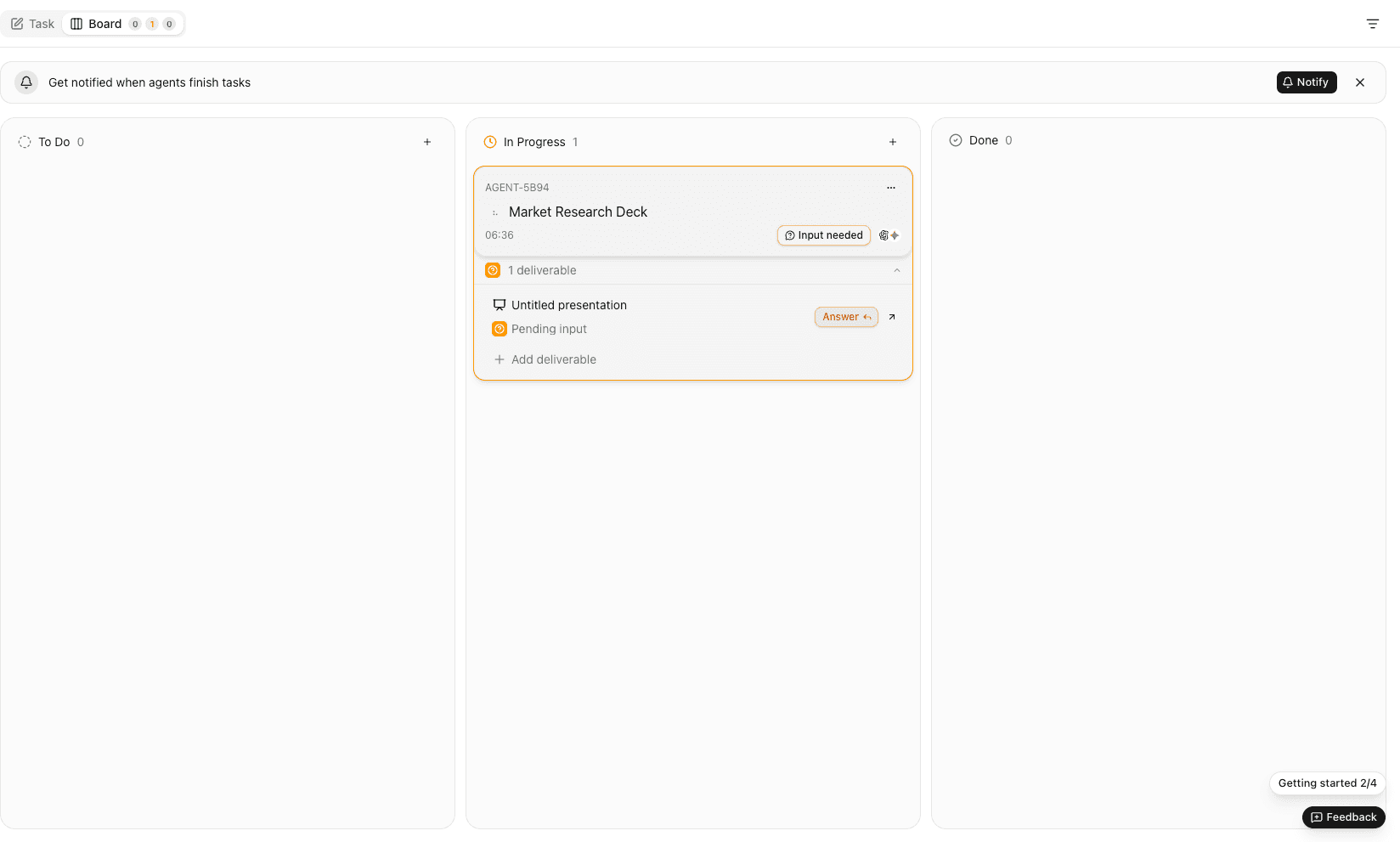 MacrosLM board view with an in-progress card titled Global Market Research Synthesis and an execution timer.