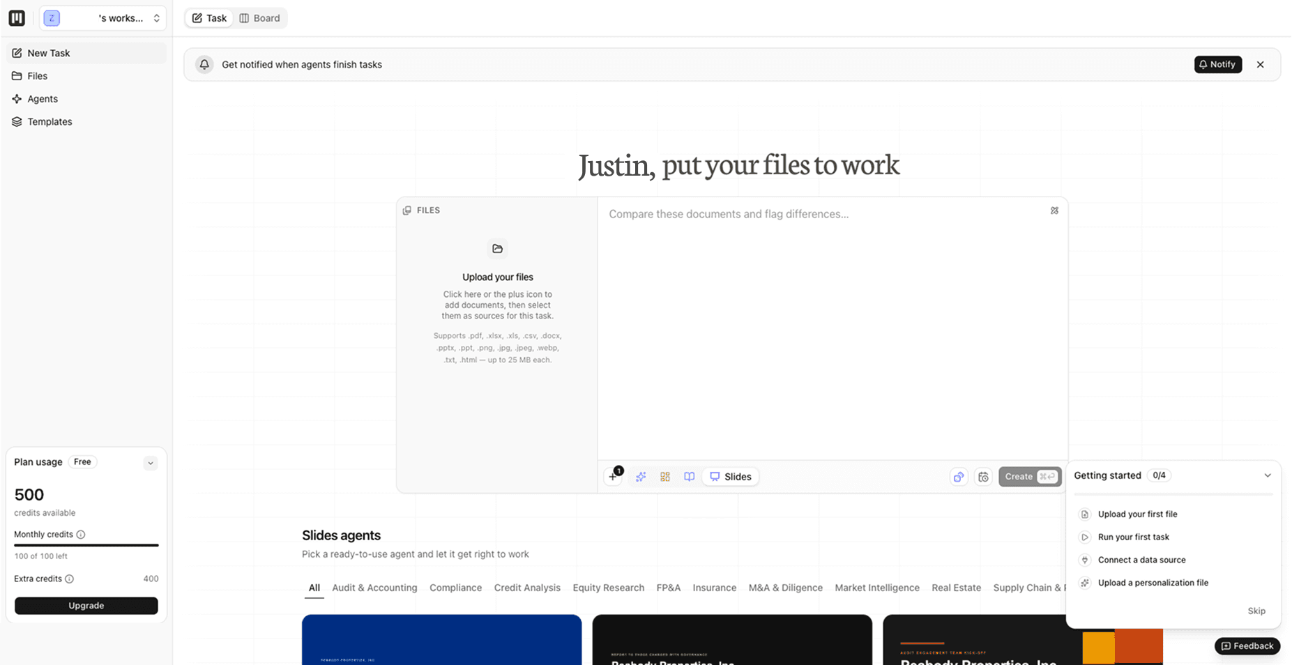 MacrosLM workspace dashboard with a prompt box, an attached file stack, and the Slides agent selector.
