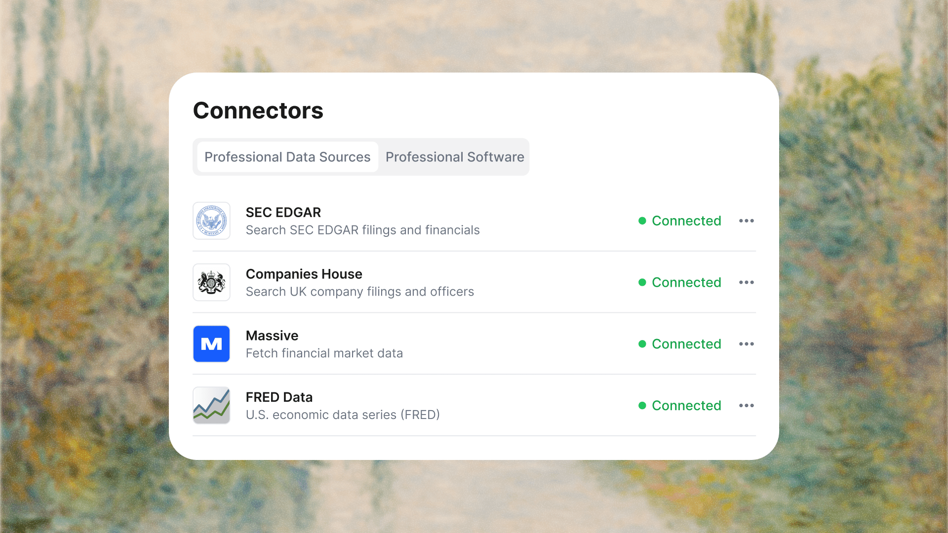 The MacrosLM Connectors panel showing SEC EDGAR, Companies House, Massive, and FRED Data connected as professional data sources.