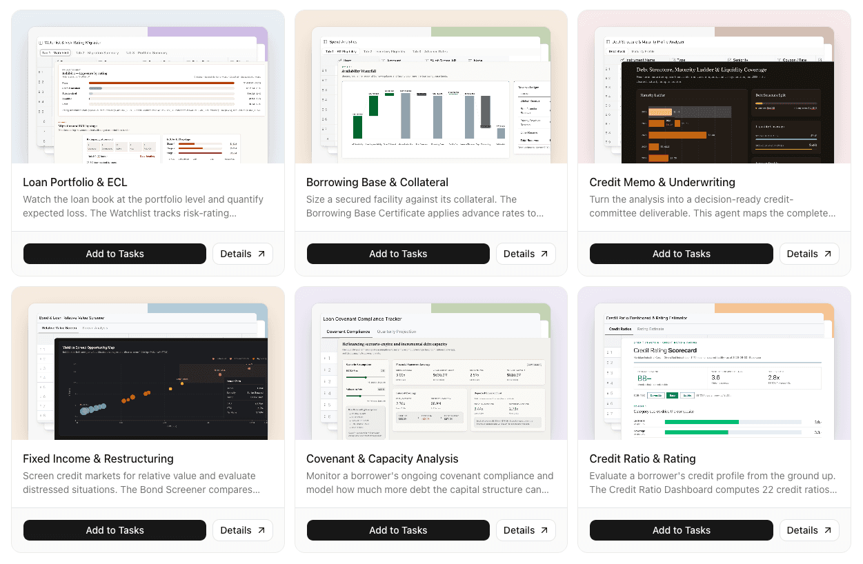 MacrosLM Credit Analysis agent cards — Loan Portfolio & ECL, Borrowing Base & Collateral, Credit Memo & Underwriting, Fixed Income & Restructuring, Covenant & Capacity Analysis, and Credit Ratio & Rating, each with an 'Add to Tasks' button.