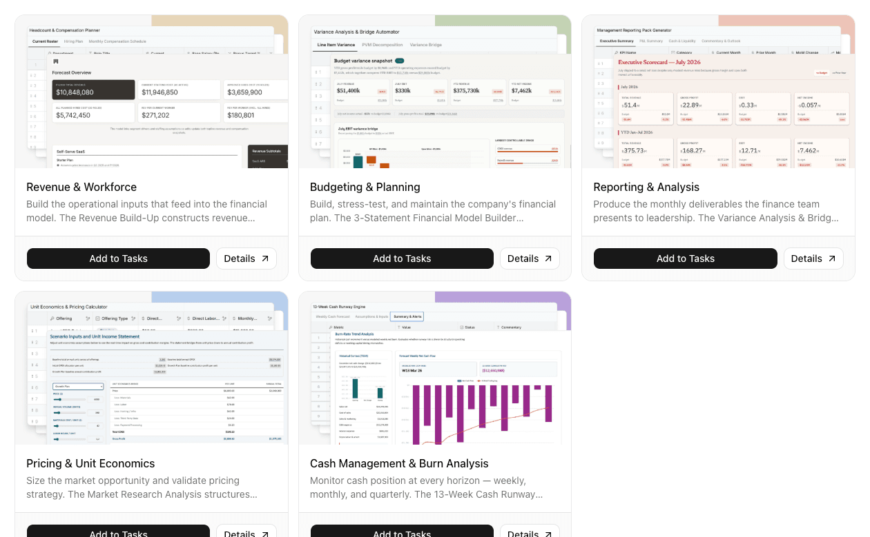 MacrosLM FP&A agent cards — Revenue & Workforce, Budgeting & Planning, Reporting & Analysis, Pricing & Unit Economics, and Cash Management & Burn Analysis, each with an 'Add to Tasks' button.