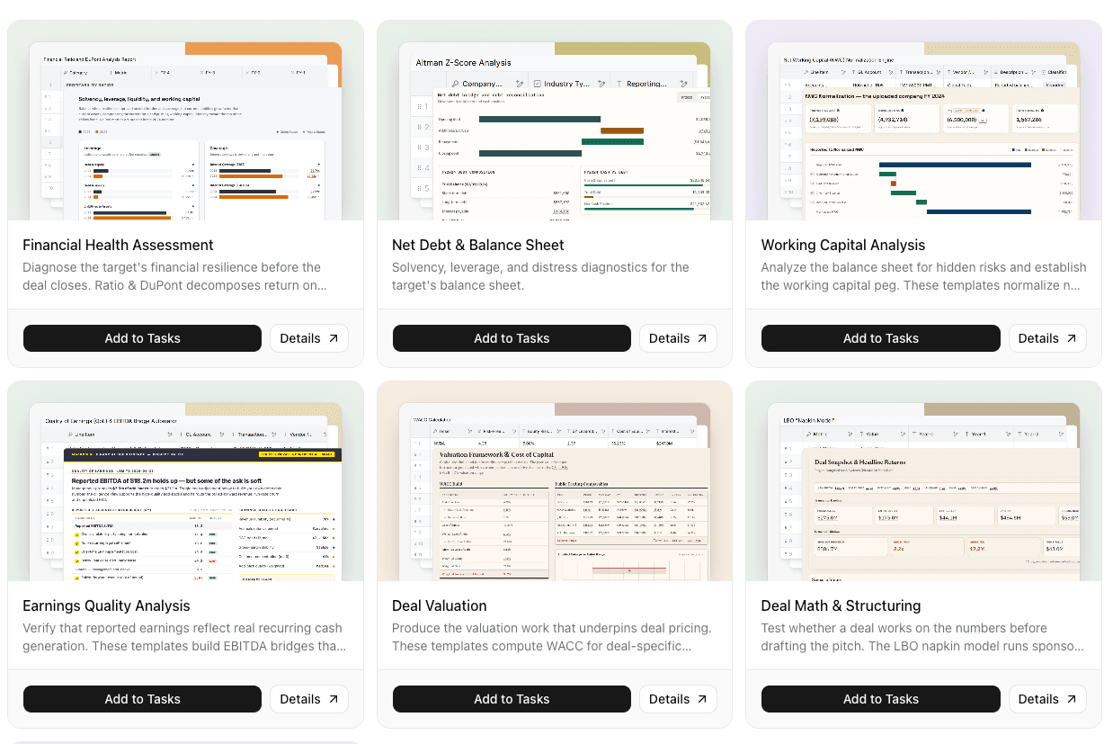 MacrosLM M&A & Diligence agent cards — Financial Health Assessment, Net Debt & Balance Sheet, Working Capital Analysis, Earnings Quality Analysis, Deal Valuation, and Deal Math & Structuring, each with an 'Add to Tasks' button.
