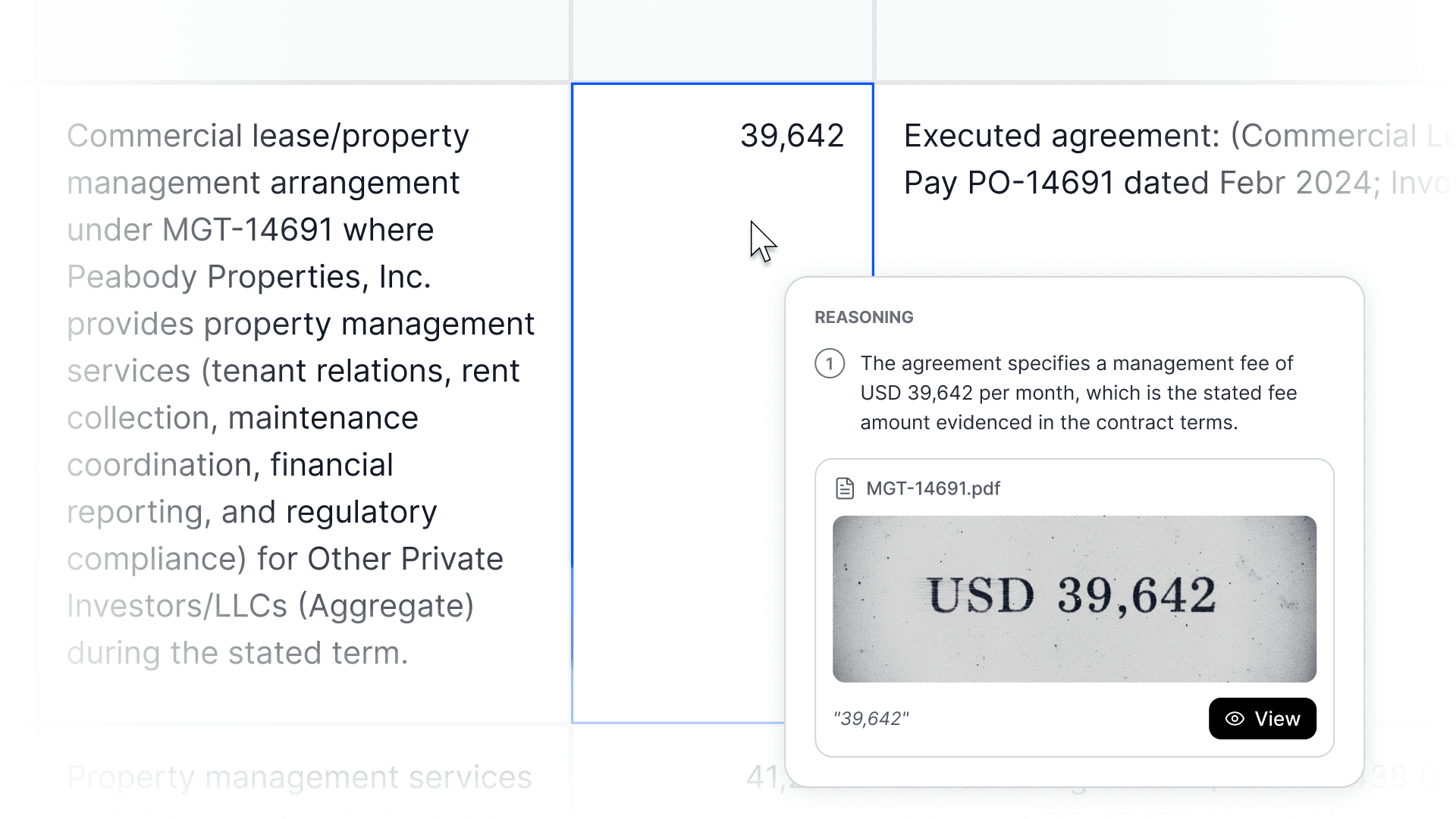 A MacrosLM reasoning panel showing an extracted contract term traced back to the exact clause it came from, with a link to the source document.